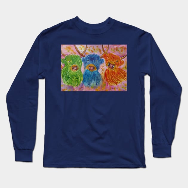 Colourful, Quirky Highland Cows Long Sleeve T-Shirt by Casimirasquirkyart